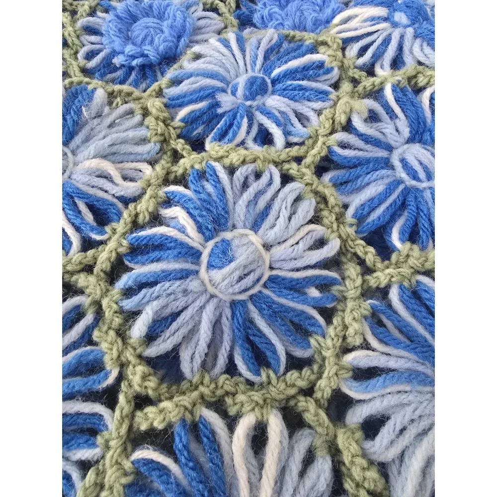 Vtg Hand Crocheted Granny Raised Floral Afghan Blanket Blue Green Large Throw